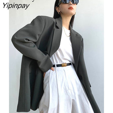 Yipinpay 2023 Autum Oversize Full Sleeve Gray Women Blazer Office Lady Solid Suit Blazers Work Winter Female Clothing Jackets Coat